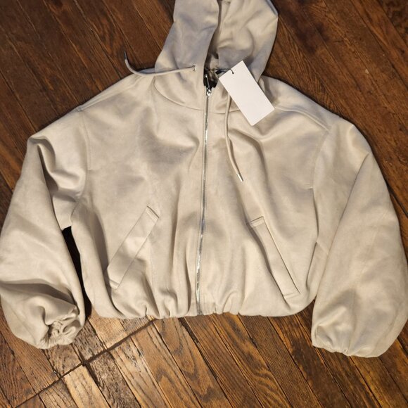 NEW Small ZARA ivory zip up hooded jacket elastic waist suede like polyester - Picture 1 of 8